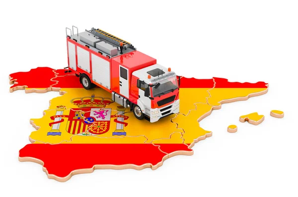 西班牙的消防部门西班牙地图上的消防车在白色背景上孤立的3D渲染 — 图库照片