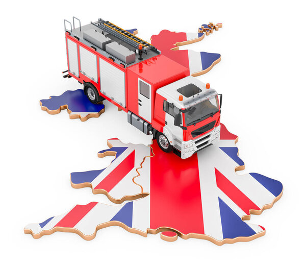 Fire department in the Great Britain. Fire engine truck on the British map. 3D rendering isolated on white background