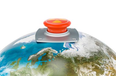 Nuclear red button on the Earth Globe. Global Nuclear Threat concept. 3D rendering isolated on white background clipart