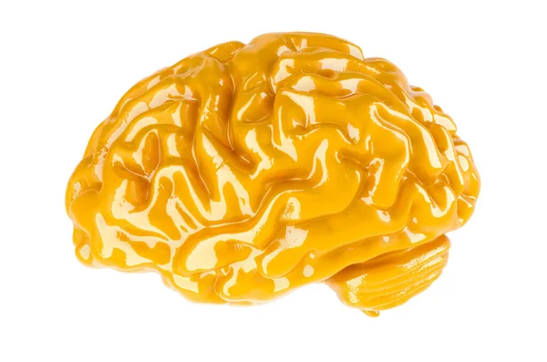 Human Brain Glossy Yellow Color Rendering Isolated White Background — Stock Photo, Image