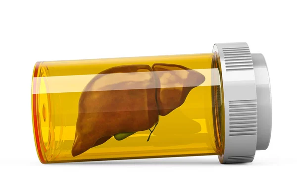 Людська Печінка Всередині Медичної Пляшки Від Таблеток Концепція Печінки Наркотиків — стокове фото