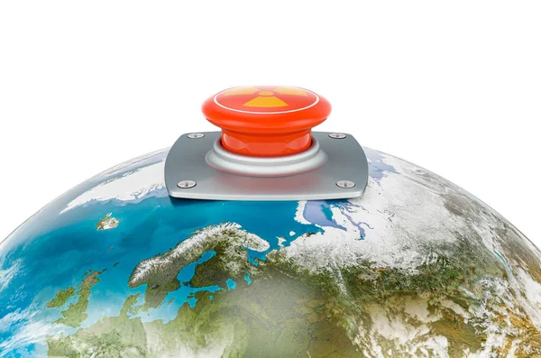 Ядерно Червона Кнопка Земному Глобусі Глобальна Ядерна Загроза Рендеринг Ізольований — стокове фото
