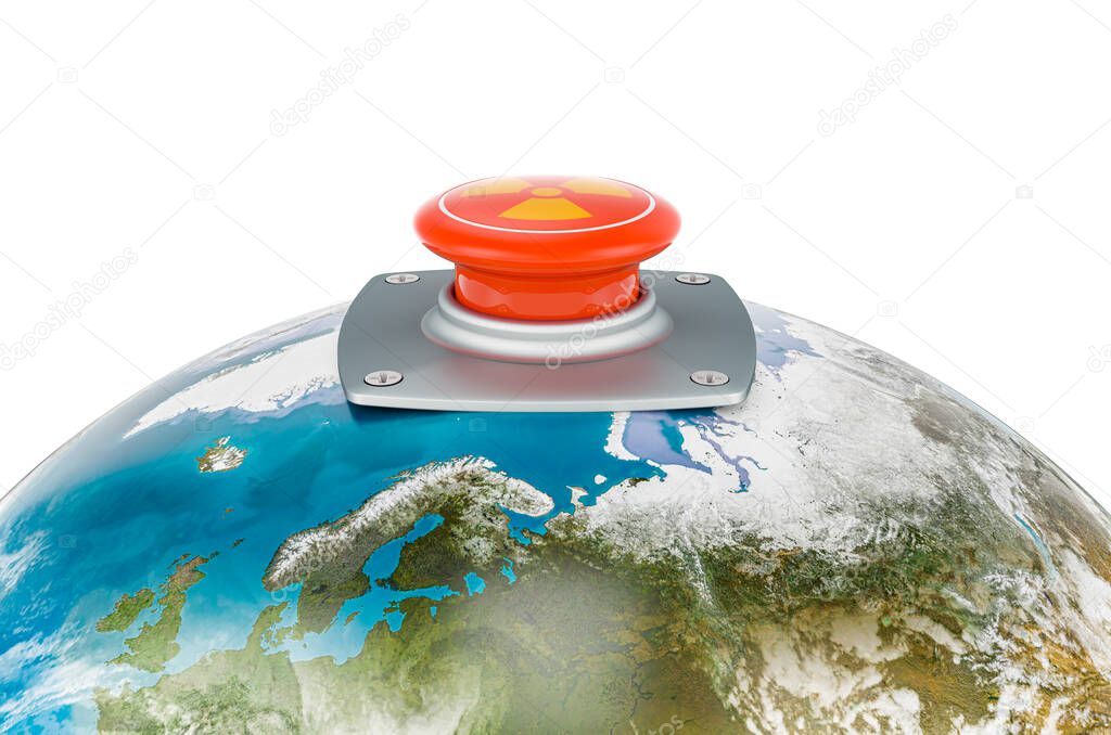 Nuclear red button on the Earth Globe. Global Nuclear Threat concept. 3D rendering isolated on white background