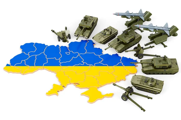 Militaire Aanval Oekraïne Gevechtsvoertuigen Buurt Van Oekraïense Kaart Rendering Geïsoleerd — Stockfoto
