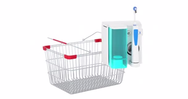 口服灌洗器添加到购物篮 3D动画 在白色背景上孤立的3D渲染 — 图库视频影像