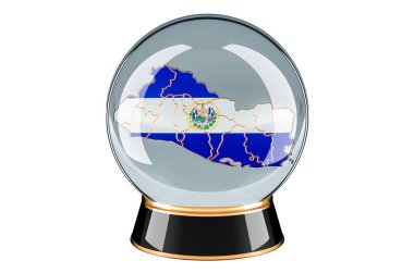 Salvador haritalı kristal küre. El Salvador için tahmin ve tahmin, konsept. Beyaz arkaplanda 3B görüntüleme izole edildi