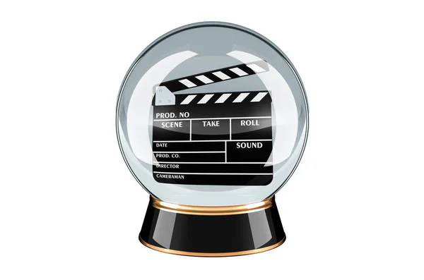 电影提名 最佳影片预测概念 水晶球 里面有拍手板 在白色背景上孤立的3D渲染 — 图库照片
