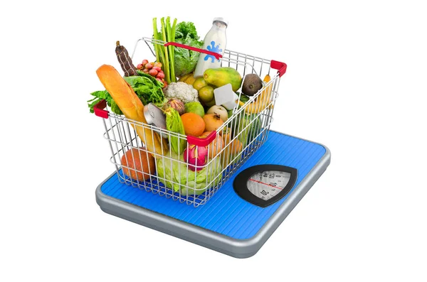 Weight Scale Shopping Basket Full Products Fruits Vegetables Rendering Isolated — Stock Photo, Image