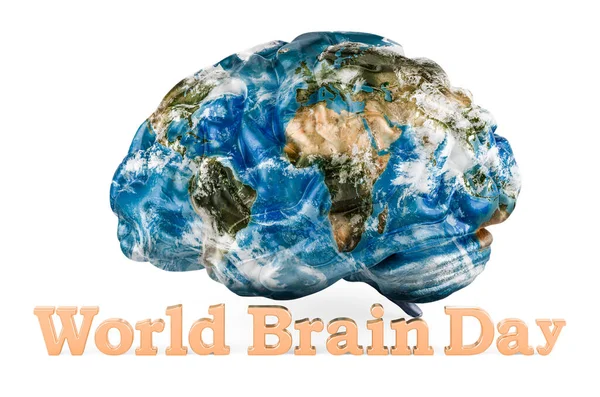 Концепция Всемирного Дня Мозга Человеческий Мозг Текстурой Земного Глобуса Рендеринг — стоковое фото