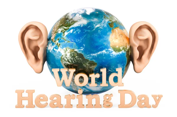 Концепция Всемирного Дня Слуха Земной Шар Человеческими Ушами Рендеринг Изолирован — стоковое фото
