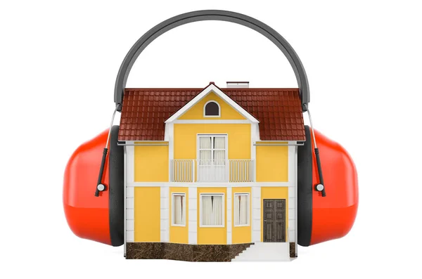 House with ear defenders. Protection against noise, concept. 3D rendering isolated on white background