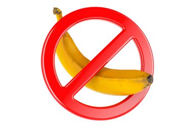 Yasak işaretli muz, beyaz arkaplanda 3 boyutlu görüntüleme
