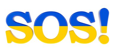 Ukrayna bayrağıyla SOS. Beyaz arkaplanda 3B görüntüleme izole edildi