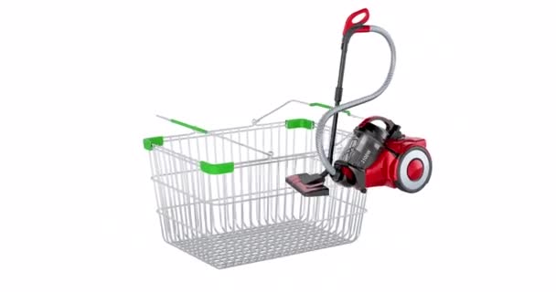 Vacuum Cleaner Adding Shopping Basket Animation Rendering Isolated White Background — Stock Video