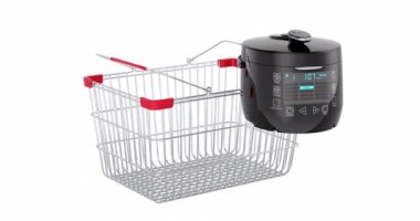 Alışveriş sepetine otomatik çoklu pişirici ekleniyor, 3 boyutlu animasyon. Beyaz arkaplanda 3B görüntüleme izole edildi