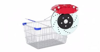 Araba diski freni, kalibreli alışveriş sepetine ekleme, 3 boyutlu animasyon. Beyaz arkaplanda 3B görüntüleme izole edildi