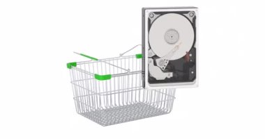 Disk sürücüsü HDD alışveriş sepetine ekleniyor, 3D animasyon. Beyaz arkaplanda 3B görüntüleme izole edildi