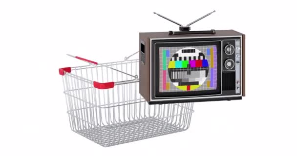 Televisor Añadiendo Cesta Compra Animación Representación Aislada Sobre Fondo Blanco — Vídeos de Stock