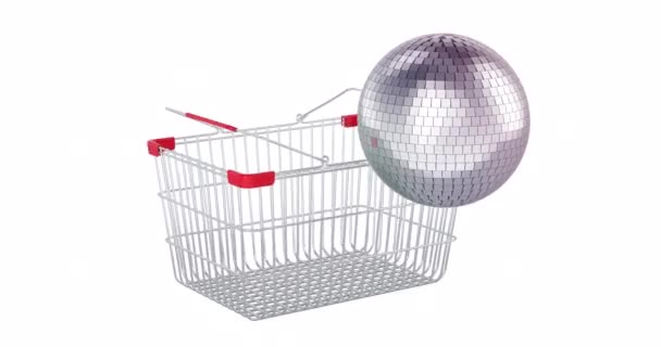 Mirror Disco Ball Adding Shopping Basket Animation Vykreslování Izolované Bílém — Stock video