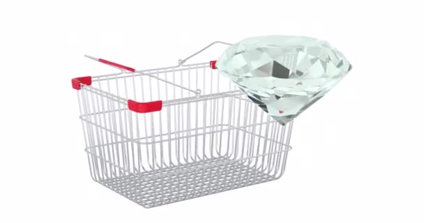 Diamond Adding Shopping Basket Animation Rendering Isolated White Background — Stock Video