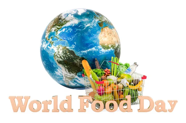 World Food Day Concept Shopping Basket Products Earth Globe Rendering — стоковое фото