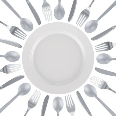 Bıçak, kaşık ve çatal dolu boş tabak, beyaz arkaplanda 3 boyutlu görüntüleme 