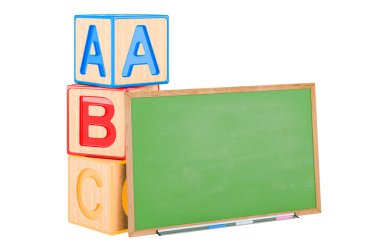 İlkokul konsepti, tahtalı ABC küpleri. Beyaz arkaplanda 3B görüntüleme izole edildi