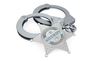 Sheriff star badge and handcuffs. 3D rendering isolated on white background  