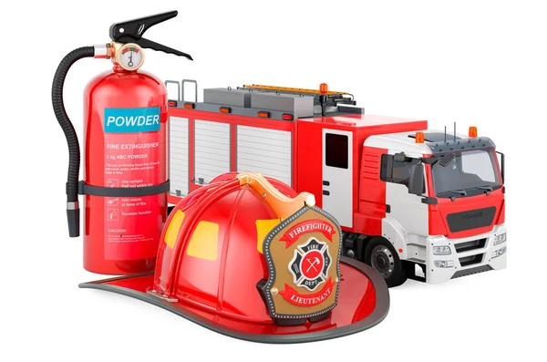 配备灭火器和消防员头盔的消防车 3D渲染 白色背景隔离 — 图库照片