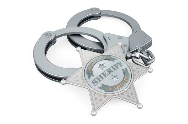 Sheriff Star Badge Handcuffs Rendering Isolated White Background — Stockfoto