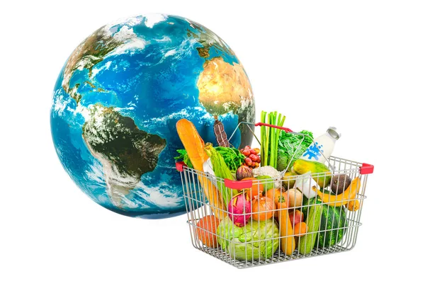 Shopping Basket Products Earth Globe Rendering Isolated White Background — Stock fotografie