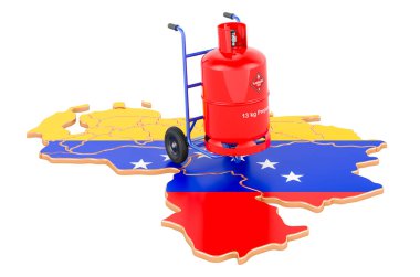 Kamyonda propan gazı silindiri olan Venezuela haritası. Venezuela 'da Gaz Teslimat Servisi, konsept. Beyaz arkaplanda 3B görüntüleme izole edildi