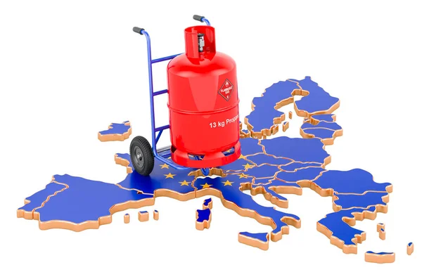 Térképe Propángázpalackkal Kézikocsin Gázszállítási Szolgáltatás Európai Unióban Koncepció Renderelés Elszigetelt — Stock Fotó