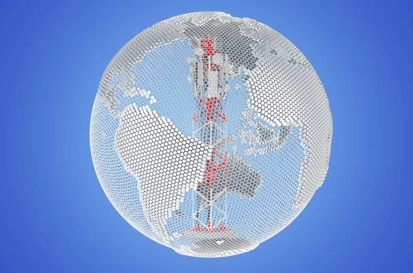 Mobile Tower Cellular Phone Antennas Transparent Earth Globe Rendering Blue — Zdjęcie stockowe