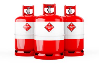 Propan silindirlerine sıkıştırılmış gaz ile boyanmış Avusturya bayrağı, beyaz arka planda 3 boyutlu görüntüleme