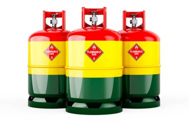 Propan silindirlerine sıkıştırılmış gaz ile bolivya bayrağı boyanmış, 3 boyutlu görüntüleme beyaz arka planda izole edilmiş