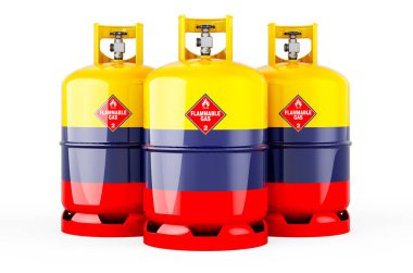 Propan silindirlerine sıkıştırılmış gaz ile Kolombiya bayrağı boyanmış. Beyaz arka planda 3 boyutlu görüntüleme.