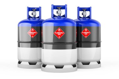 Propan silindirlerine sıkıştırılmış gaz ile Estonya bayrağı boyanmış, 3 boyutlu görüntüleme beyaz arka planda izole edilmiş