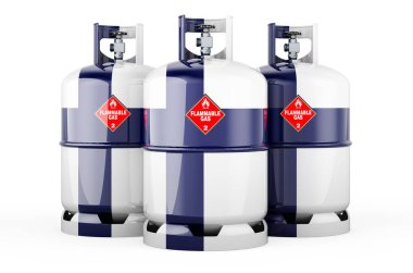 Finnish flag painted on the propane cylinders with compressed gas, 3D rendering isolated on white background