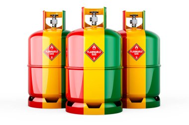 Propan silindirlerinde sıkıştırılmış gazla boyanmış Gine bayrağı, beyaz arkaplanda 3 boyutlu görüntüleme