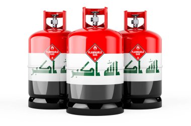 Propan silindirlerine sıkıştırılmış gaz ile Irak bayrağı boyanmış, 3 boyutlu görüntüleme beyaz arka planda izole edilmiş