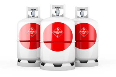 Propan silindirlerine sıkıştırılmış gazla boyanmış Japon bayrağı, beyaz arka planda 3 boyutlu görüntüleme