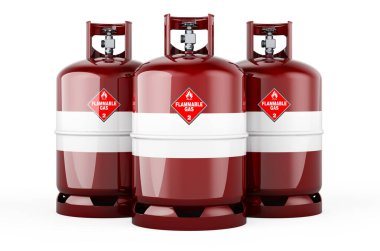 Propan silindirlerine sıkıştırılmış gaz ile Letonya bayrağı boyanmış, 3 boyutlu görüntüleme beyaz arka planda izole edilmiş