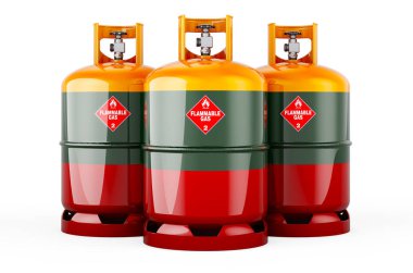 Propan silindirlerine sıkıştırılmış gaz ile Litvanya bayrağı boyanmış, beyaz arka planda 3 boyutlu görüntüleme