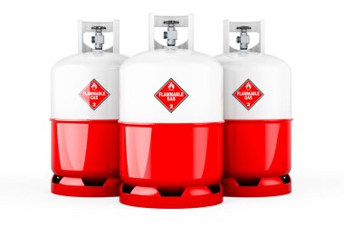 Propan silindirlerine sıkıştırılmış gazla boyanmış Polonya bayrağı, beyaz arka planda 3 boyutlu görüntüleme