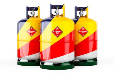 Propan silindirlerine sıkıştırılmış gaz ile Seyşelloise bayrağı boyanmış, beyaz arkaplanda 3 boyutlu görüntüleme