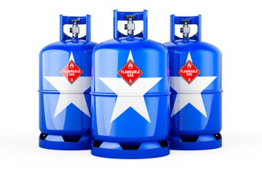 Propan silindirlerine sıkıştırılmış gaz ile Somali bayrağı boyanmış, 3 boyutlu görüntüleme beyaz arka planda izole edilmiş