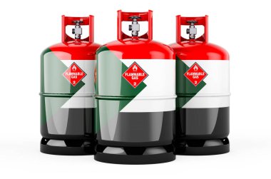 Propan silindirlerine sıkıştırılmış gaz ile Sudan bayrağı boyanmış, beyaz arka planda 3 boyutlu görüntüleme