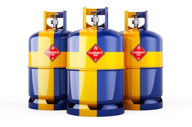 Propan silindirlerine sıkıştırılmış gaz ile İsveç bayrağı, beyaz arka planda 3 boyutlu görüntüleme