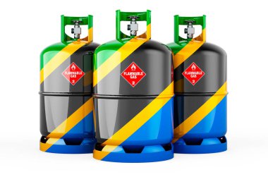 Propan silindirlerinde sıkıştırılmış gazla boyanmış Tanzanya bayrağı, beyaz arkaplanda 3 boyutlu görüntüleme